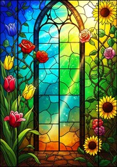 Stained Glass Window with Floral Vines and Sunny Sky