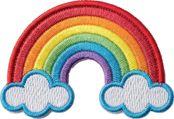 Vibrant embroidered rainbow with fluffy white clouds on a transparent background symbolizing hope dreams and good luck in a cheerful design