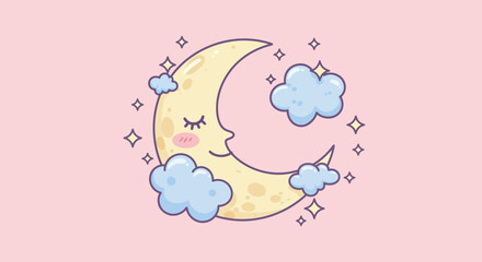 Cartoon Crescent Moon with Face and Clouds on Pink Background.