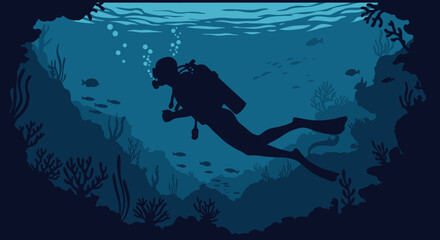 Silhouette of a Scuba Diver Exploring Underwater Coral Reefs.