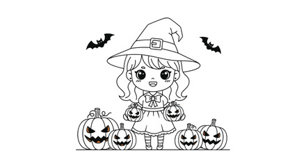 Fototapeta premium Cute Halloween Witch and Pumpkins Coloring Page for Kids