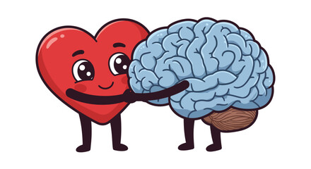 Cartoon Heart and Brain Embracing Symbolizing Balance and Harmony.