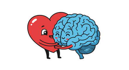 Cartoon Heart and Brain Embracing Symbolizing Balance and Harmony.