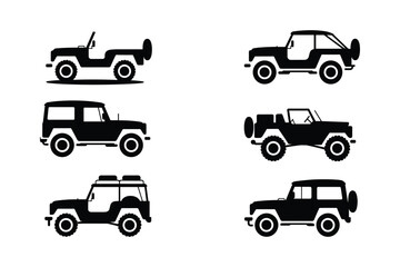 Black silhouettes of off road vehicles and S U Vs SUVs transportation