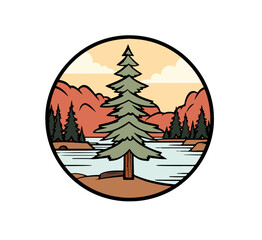 Serene mountain lake landscape with evergreen trees and clear sky depicted in a circular emblem style