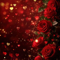 Romantic red roses with glittering hearts and bokeh lights, symbolizing love and passion for valentines day or a special celebration