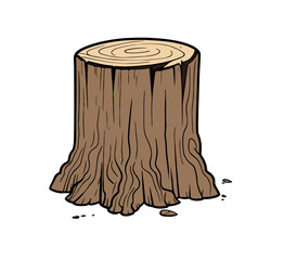 Stylized drawing of a brown tree stump with visible wood grain and roots on a white background
