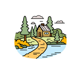 Charming wooden cabin nestled amongst evergreen trees beside a winding path leading to a serene lake under a cloudy sky
