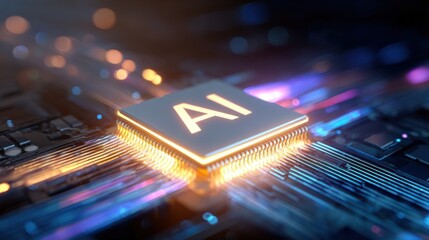 A vibrant AI chip glows brightly at the center of a complex circuit board. Light reflects off intricate pathways, emphasizing advancements in technology and computing.