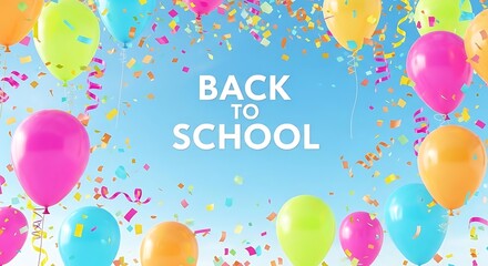 Colorful balloons and confetti floating against a blue sky with back to school text in the center