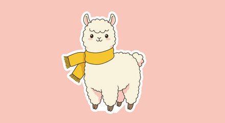 Cute Cartoon Llama with Yellow Scarf Illustration.