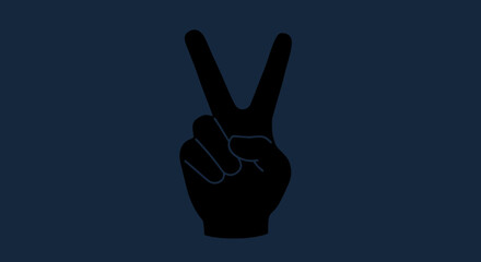 Obraz premium Black Hand Silhouette Making a Peace Sign on Dark Blue Background.