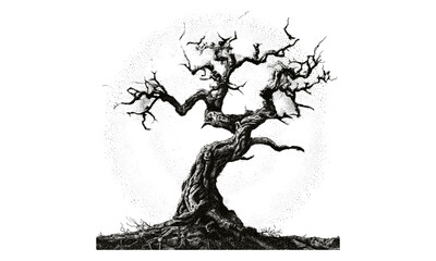 Vintage stippling collage of old tree with creepy Halloween vibe. Psychedelic surreal retro vector poster with experimental grunge dotted texture and halftone effect, horror design