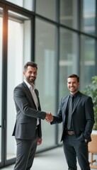 Fototapeta premium Two confident businessmen shaking hands in a modern office