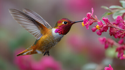 Fototapeta premium Colorful Hummingbird with Iridescent Feathers Hovering to Feed on Vibrant Pink Flower
