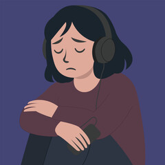 Sad Girl Listening to Music Alone &ndash; Minimal Vector Illustration