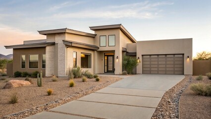 A stunning modern desert home with a beige stucco exterior and a flat roof. The house features a large garage with a stylish door, and a spacious concrete driveway