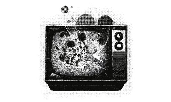 Vintage broken TV collage element with creepy Halloween effect. Retro psychedelic poster design with experimental grunge dotted texture and stippling photocopy noise, surreal vector illustration