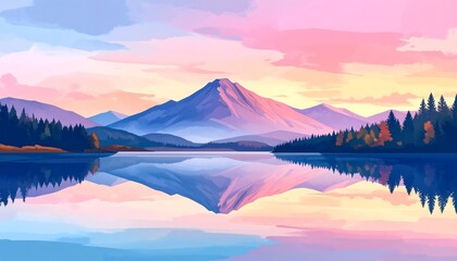 Pastel sunset lake reflection with faded mountain in background creating a serene landscape with soft light and tranquil mood.

