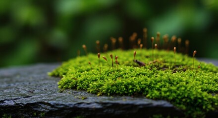 Mossy Stone: A close-up shot reveals the intricate beauty of a vibrant green moss colony flourishing on a weathered stone. Delicate details and textures evoke a sense of natural wonder.