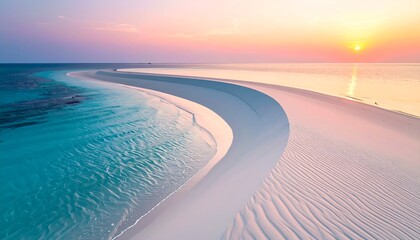 Pastel sunset over coastal sandbank forming graceful S-curve with soft light and serene beach landscape in tranquil seascape view.


