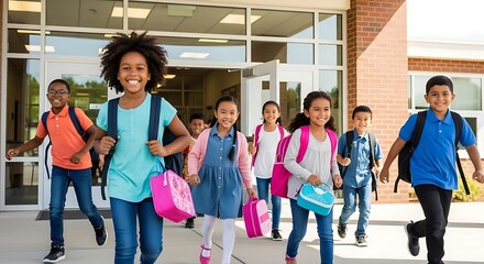 A group of diverse students exiting their school building with backpacks and lunchboxes smiling happily