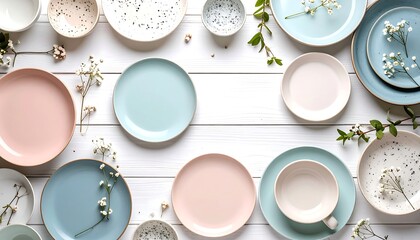 Pastel speckled ceramic dishes arranged on white wooden background showcasing minimalist kitchenware design and modern table setting.

