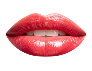 Obraz premium Glossy Red Lips Slightly Parted with Visible Teeth, High-Gloss Shine, Transparent PNG