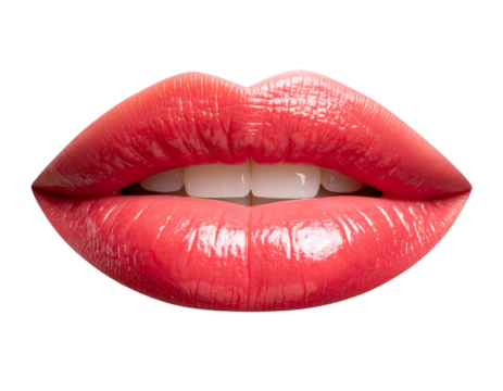  Glossy Red Lips Slightly Parted with Visible Teeth, High-Gloss Shine, Transparent PNG
