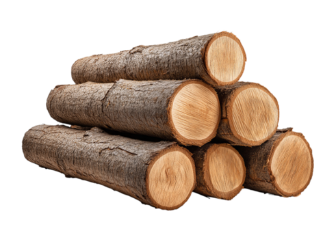 Pile of wood logs stacked in a realistic manner, isolated on a transparent background in PNG format.