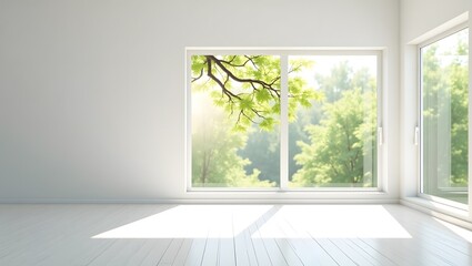 Obraz premium Minimalist Sunlit Room Interior with Large Windows and Tree View