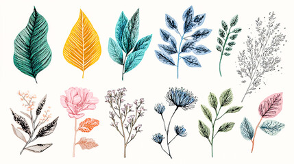 Botanical Watercolor Illustration with Colorful Leaves and Flowers for Spring Summer Designs and Creative Projects