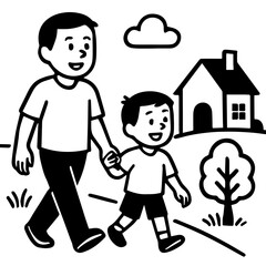 Father and Son Walking Hand in Hand - Black and White Vector