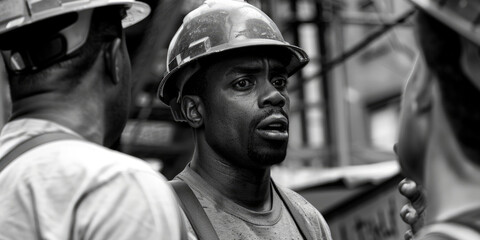 Team of African American construction workers in safety helmets discussing plans at building site. Professional portrait of collaboration in urban development