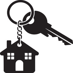 Vector art of black and white illustration of a key with a house keychain, isolated on white background