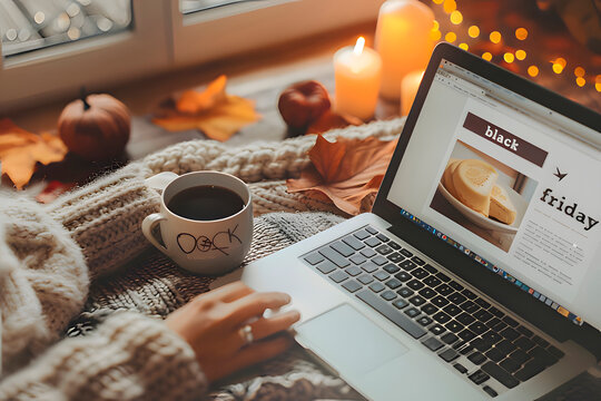 Cozy autumn setting with woman shopping online for Black Friday deals on laptop while drinking coffee, surrounded by candles, pumpkins and warm blanket by the window