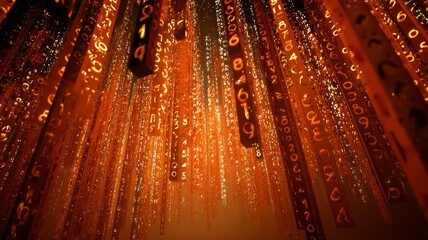 Glowing numeric matrix in amber tones. Neural network AI generated