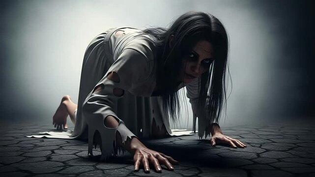 A terrifying female ghost crawling on the ground in a haunted house, with a dark and scary atmosphere, perfect for horror themes