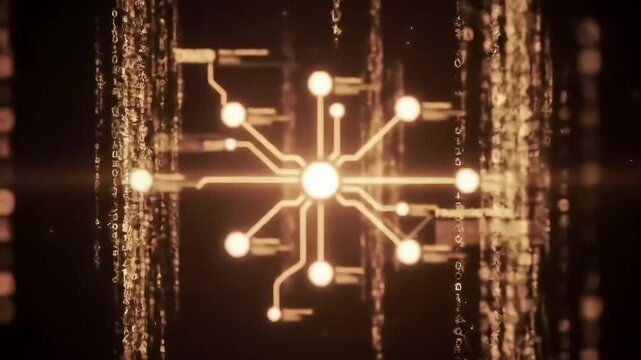 Golden circuit glows amidst binary code streams; digital network concept