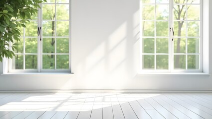 Minimalist Sunlit Room Interior with Large Windows and Tree View
