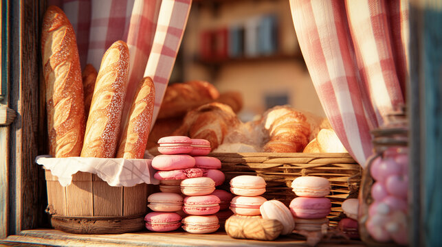 French bakery window with baguettes and macarons