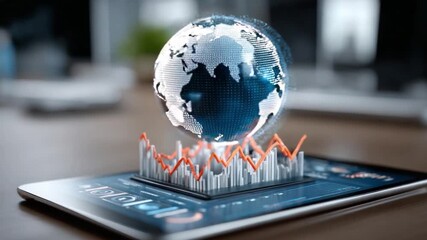 Global Financial Insights: A digital tablet displays a 3D rendering of the globe intertwined with stock market graphs, symbolizing global finance and data visualization.  - Powered by Adobe