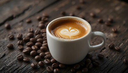 Cup of Coffee with Latte Art and Coffee Beans on Rustic Wooden Table