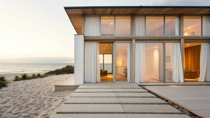  A stunning contemporary house situated right on the sandy coastline, offering breathtaking ocean vistas through its large, floor-to-ceiling windows