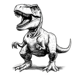 Photo of a fierce tyrannosaurus rex dinosaur with sharp teeth and claws, standing with its mouth open, drawn in a black and white sketch style, isolated on a transparent background