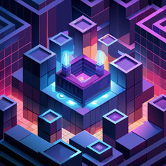 Obraz premium Futuristic isometric cityscape with neon lights and geometric structures