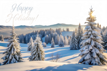 Scenic winter wonderland landscape with snowcovered trees, mountains, and a happy holiday greeting, evoking a sense of peace and festive cheer isolated on transparent background