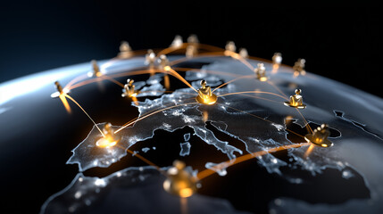 Global Customer Network Icons Connected by Glowing Lines