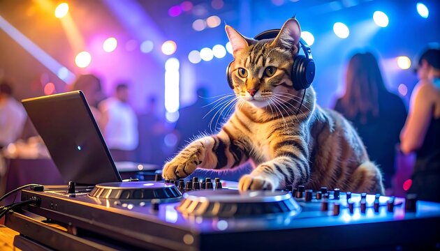 Cat DJ Spinning Tracks at a Vibrant Nightclub Party