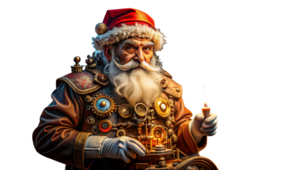 Steampunk santa claus portrait isolated on transparent background, featuring vintage gears, clockwork, and a festive candle, blending fantasy with retro style